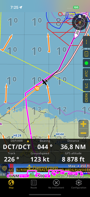Tady je vidět zbytečný „zálet“ příliš na západ, který jsem musel na přání řídícího odletět přesně tak, jak mi ho egyptské úřady schválily. To mě stálo zbytečně asi 15 minut letu
