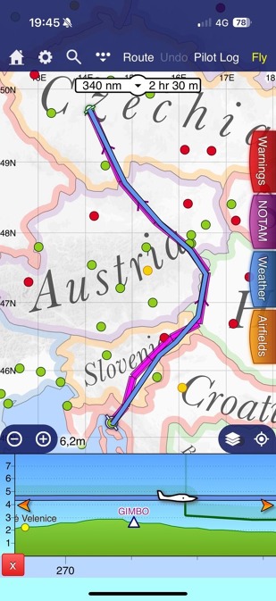 Trasa letu dle aplikace SkyDemon