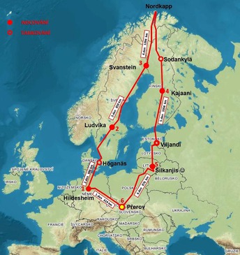 Trasa expedice Pavla Březiny Přerov - Svanstein - Nordkapp - Přerov.