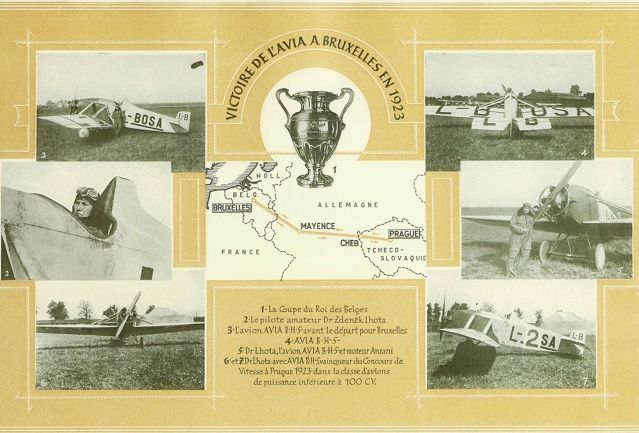 Propagační pohlednice továrny Avia s trasou přeletu BH-5 do Bruselu i s fotografií vítězné trofeje Propagační pohlednice továrny Avia s trasou přeletu BH-5 do Bruselu i s fotografií vítězné trofeje