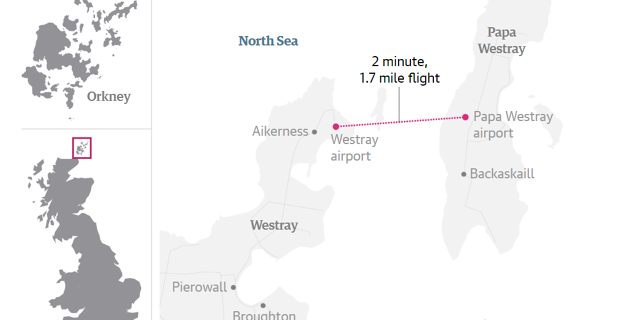 Trasa letu mezi ostrovy Westrey a Papa Westrey na mapě. 