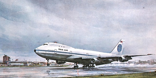 Takto přistání v Londýně při inauguračním letu B747-121 N736PA ztvárnil John T. McCoy. 