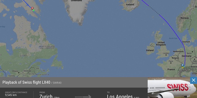 Let LX40 Swissair v polovině trasy musel kvůli poruše motoru divertovat na letiště Iqaluit v severní Kanadě. Zdroj: BlogFlightRadar24.com 