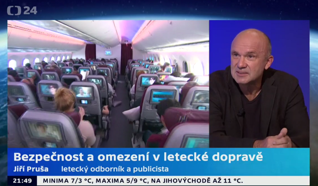 Jiří Pruša hovoří (od 17:00 min; celé téma začíná v čase 14:30) na téma zákazu elektroniky na palubách letadel v České televizi v pořadu Horizont 24. Zdroj: ČT24