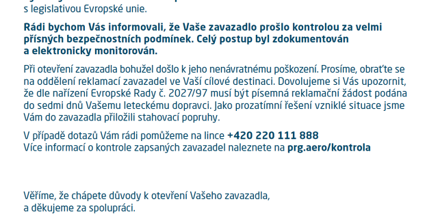 Tuto zprávu najdete v kufru v případě, že ho security při kontrole poškodila. Zdroj: Letiště Praha, a.s.