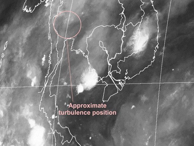 Oblast turbulence je na obrázku vyznačena růžovou barvou. Zdroj: AvHelrald.com