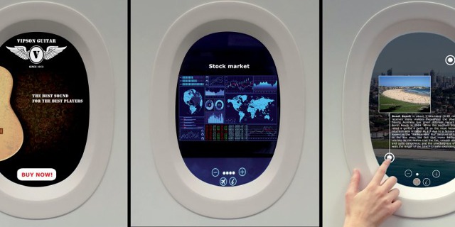 Elektronicky ztmavovatelná okna EDW s dotykovým displejem, na němž si přečtete turistické či letové informace nebo objednáte občerstvení či zboží z e-shopu. Zdroj: Vision Systems