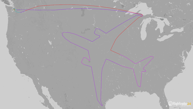 Silueta B787 Dreamliner na mapě USA. Zdroj: FlightRadar24.com