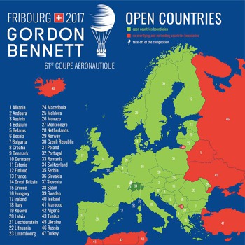 Mapa států, nad jejichž územím závodníci smí (zelené) a nesmí (červené) letět. Zdroj: gordonbennet.aero 