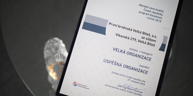 Certifikát Národní ceny kvality pro PBS Vleká Bíteš. Zdroj: PBS Velká Bíteš