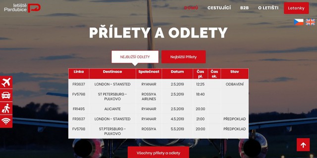 Nový web Letiště Pardubice, homepage. Screen: FR