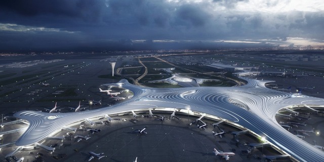 Vizualizace a model plánovaného Terminálu 3 letiště Charbin v Číně. Zdroj: architizer.com