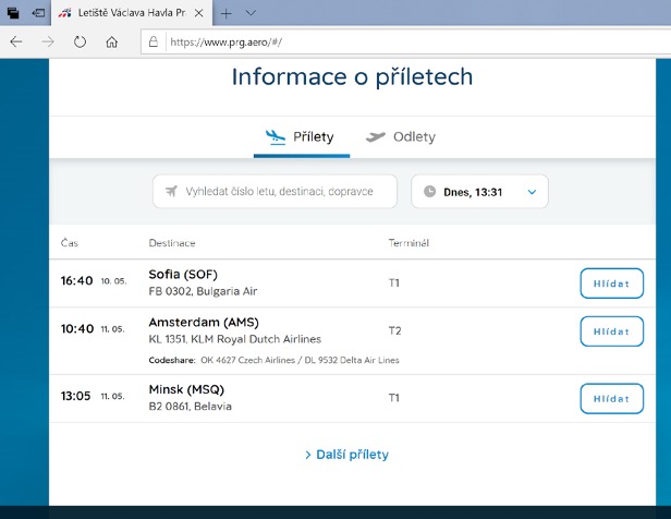 Screenshot webu letiště Praha na kterém jsou veškeré přílety ve dvou dnech