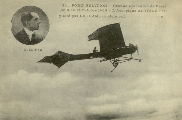 Dobová pohlednice Huberta Lathama s letounem Antoinette