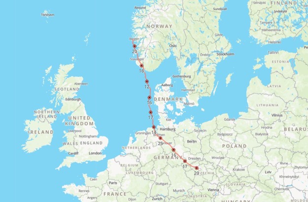 Trasa prvního dne z Prahy (LKPR), s mezipřistáním u Brém (EDWQ) a zakončena na letišti v Bergenu (ENBR)
