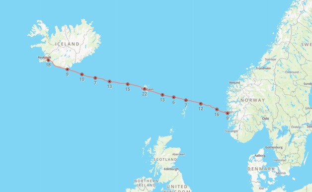 Let z Bergenu (ENBR), tankování paliva na Faerských ostrovech (EKVG) a zakončení letu na Islandu, v Reykjavíku (BIRK)