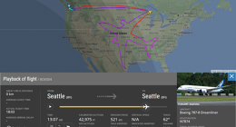 Let BOE004, při němž piloti Boeingu vytvořili na mapě USA siluetu B787-8. Po kliknutí si můžete přehrát záznam letu. Zdroj: FlightRadar24.com